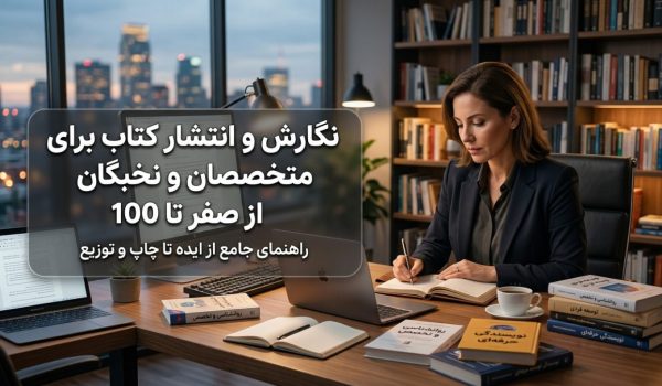 Person writing a book at a desk, related to نگارش و انتشار کتاب برای متخصصان و نخبگان