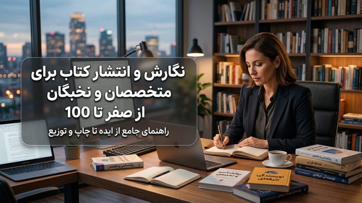 Person writing a book at a desk, related to نگارش و انتشار کتاب برای متخصصان و نخبگان